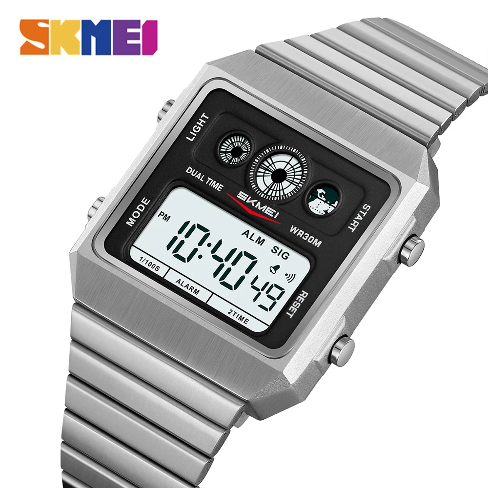 SKMEI 2450 Mens Business Metal Digital Simple Square Watches For Men Countdown Stopwatch Hombre Week Clock Back Light Wristwatch