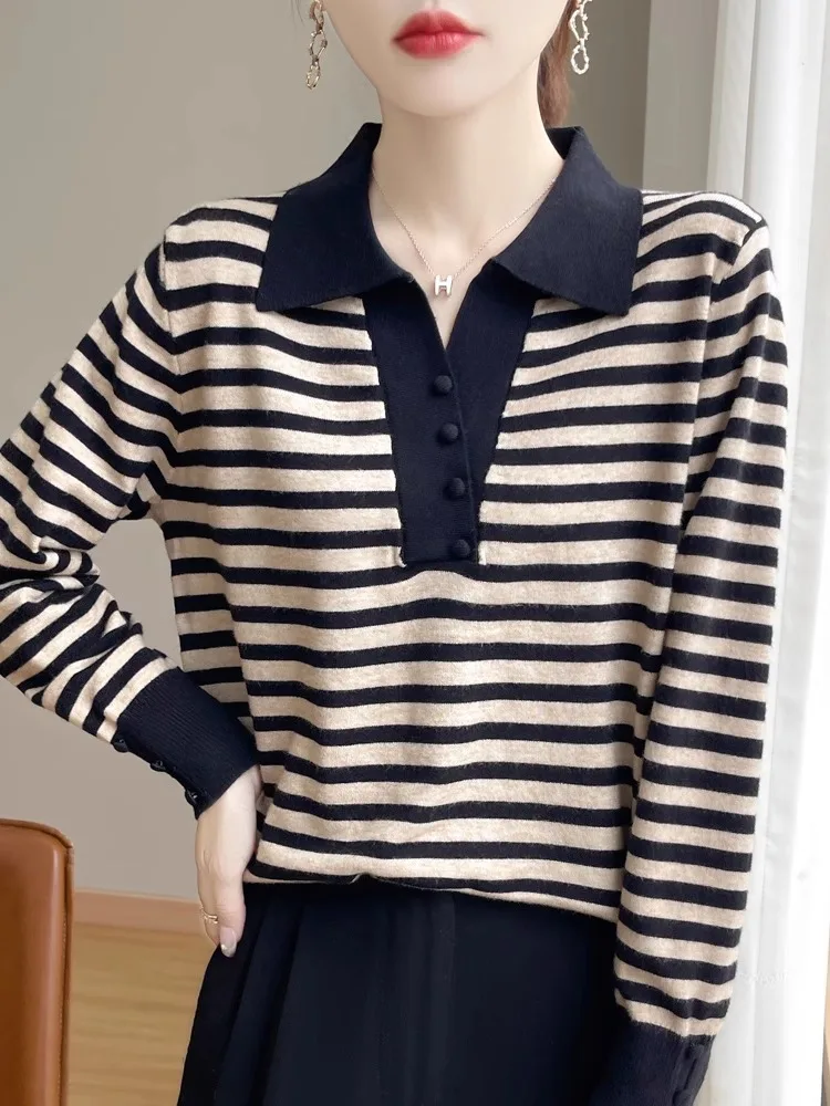 Sweater rajutan wanita lengan panjang longgar motif garis kerah tinggi, model baru musim gugur, luaran, atasan, kaos, lapisan dasar musim semi