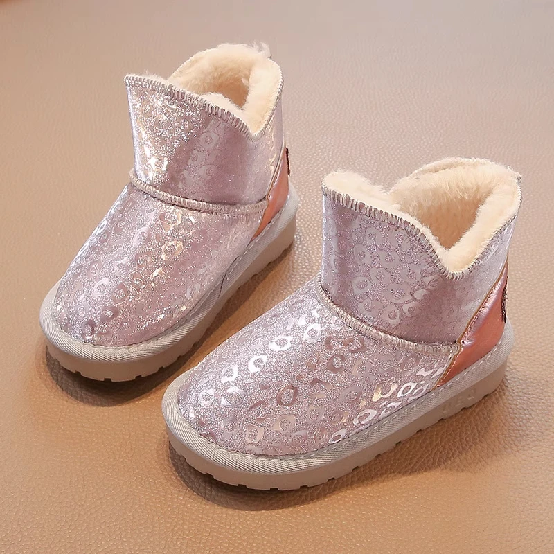 Girls Snow Boots Size 26-36 Pink Padded Thickened Warm Cotton Shoes Winter Lightweight Non-slip Children's Short Leather Boots