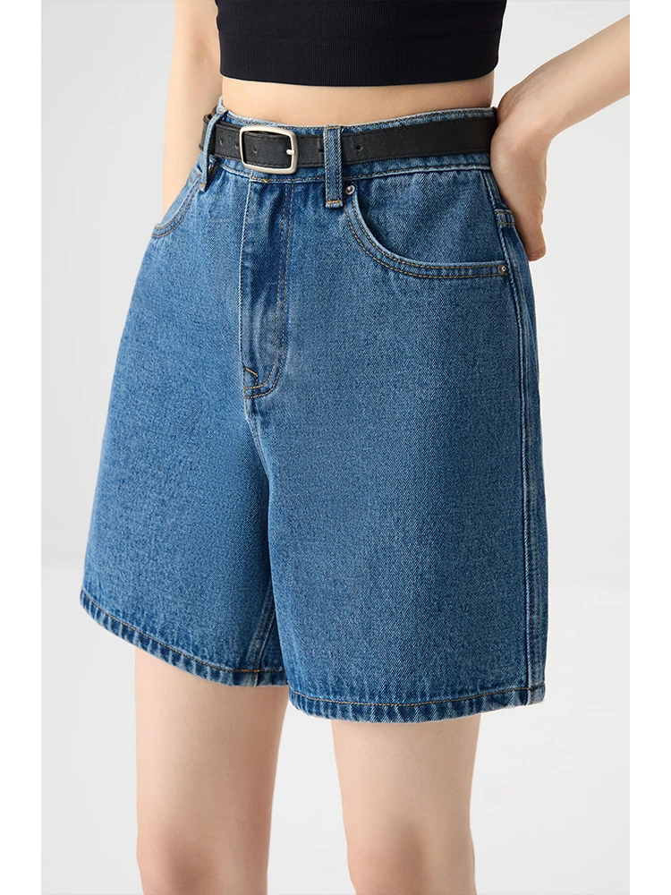 ZIQIAO Blue Retro High Waist Straight Women Denim Shorts 2024 Summer New All-match Casual Short Jeans 24ZQ92339