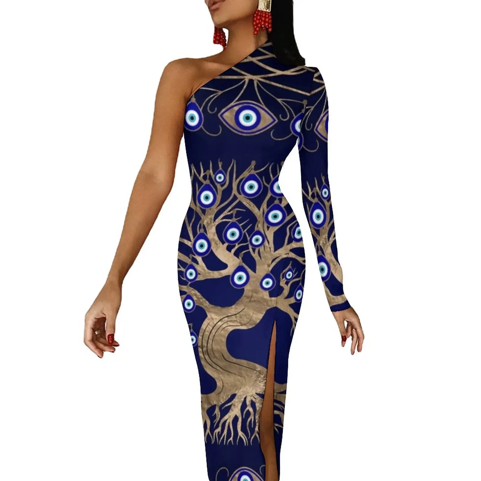 

Evil Eye Long Dress Womens Greek Amulet Street Wear Maxi Dress Autumn Club Bodycon Dresses Side Split Print Vestido