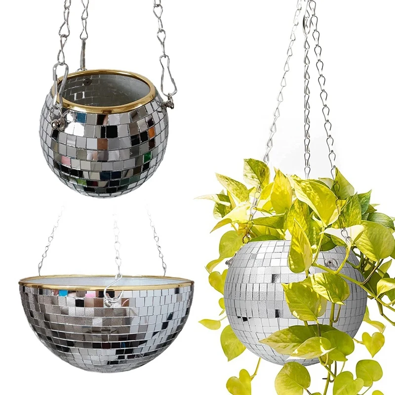 Disco Ball Planter Shape Hanging Vase Flower Planter Pots With Drainage Mirror Hanging Basket Room Garden Decoration