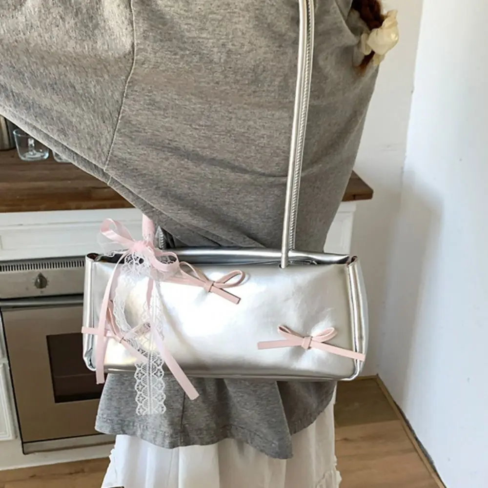 

Shopping Sweet French Stick Handbag Y2K Ribbon Women Armpit Bag PU Leather Solid Color Underarm Bag Daily