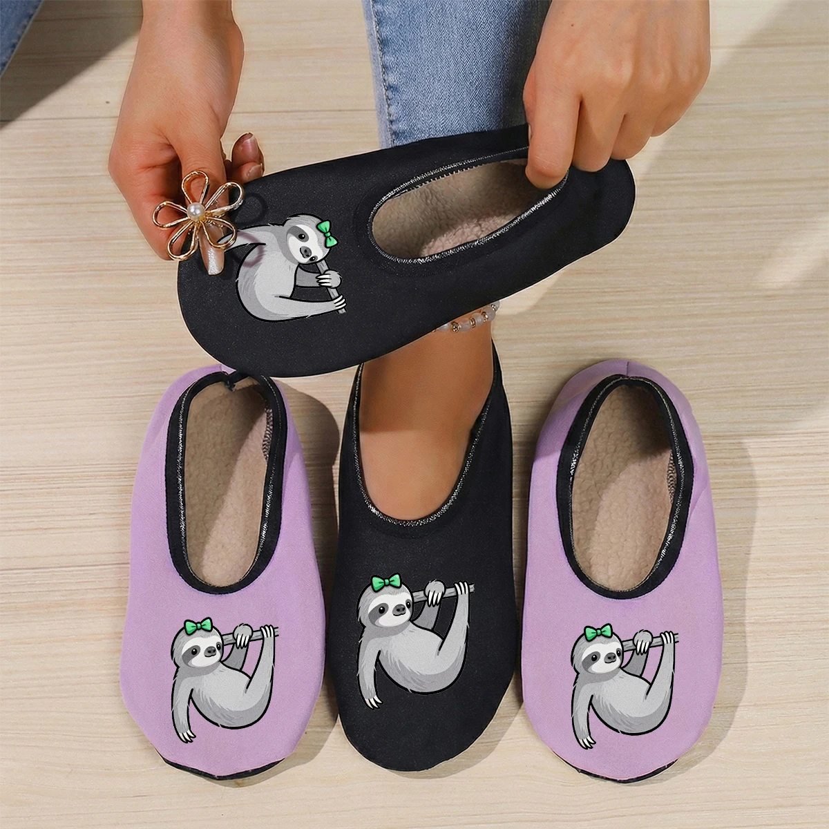 

Four season wearable women's cute small animal sloth print suede breathable high elasticity indoor non slip floor slippers
