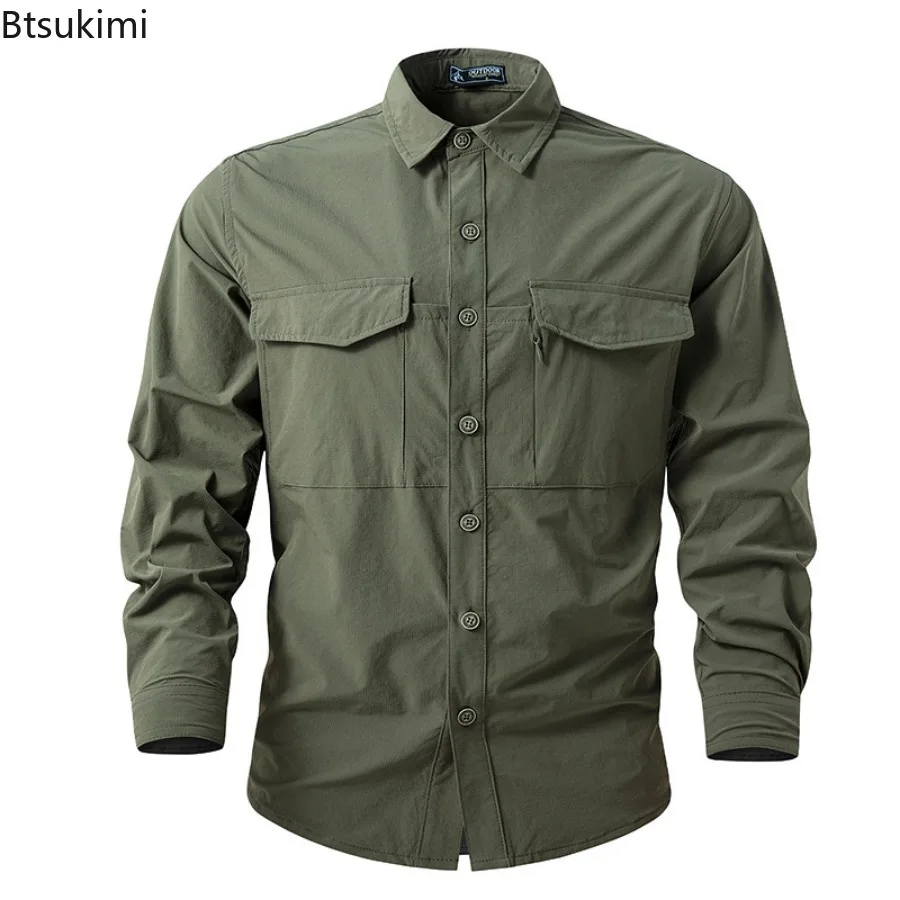 2025Men's Spring Long Sleeve Outdoor Shirts Solid Quick Drying Sports Clothing for Men Wear Tactical Combat Camping Cargo Shirts