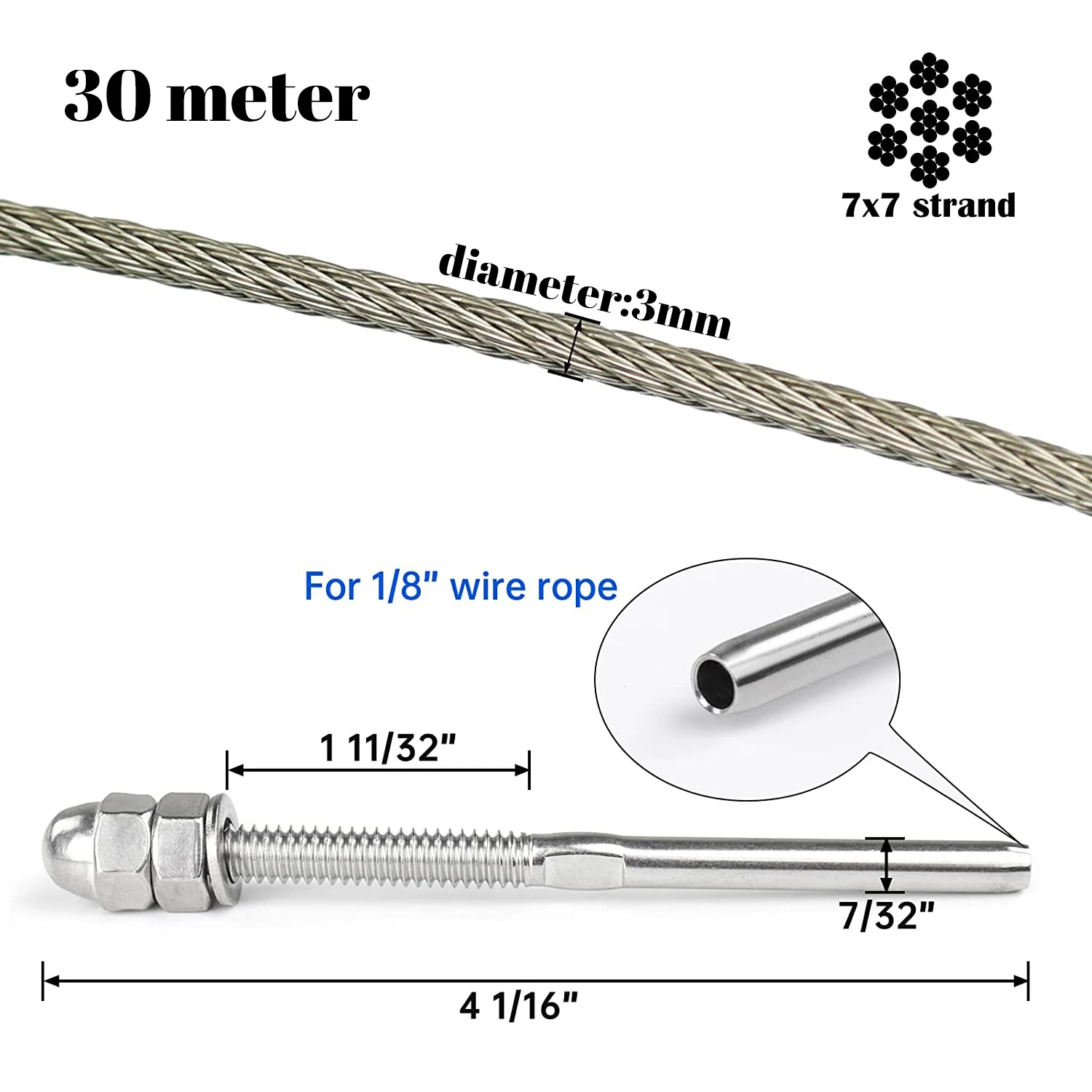 10Pcs 1/8 "Kit Hardware per ringhiera del cavo del terminale del raccordo dell'estremità della tensione del perno filettato a mano con fune metallica da 30 metri
