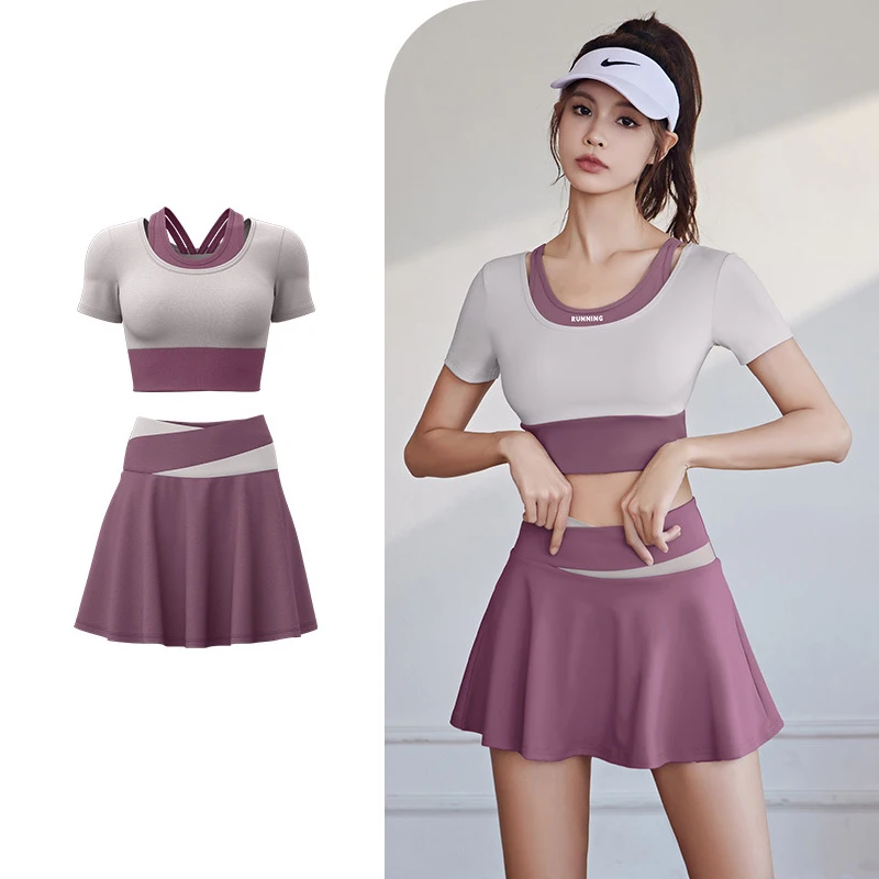 Two Pieces Yoga Sets Short Sleeve T-Shirt 2 In1 Skirt Tennis Workout Clothes Jogging Sportswear Fitness Running Suit