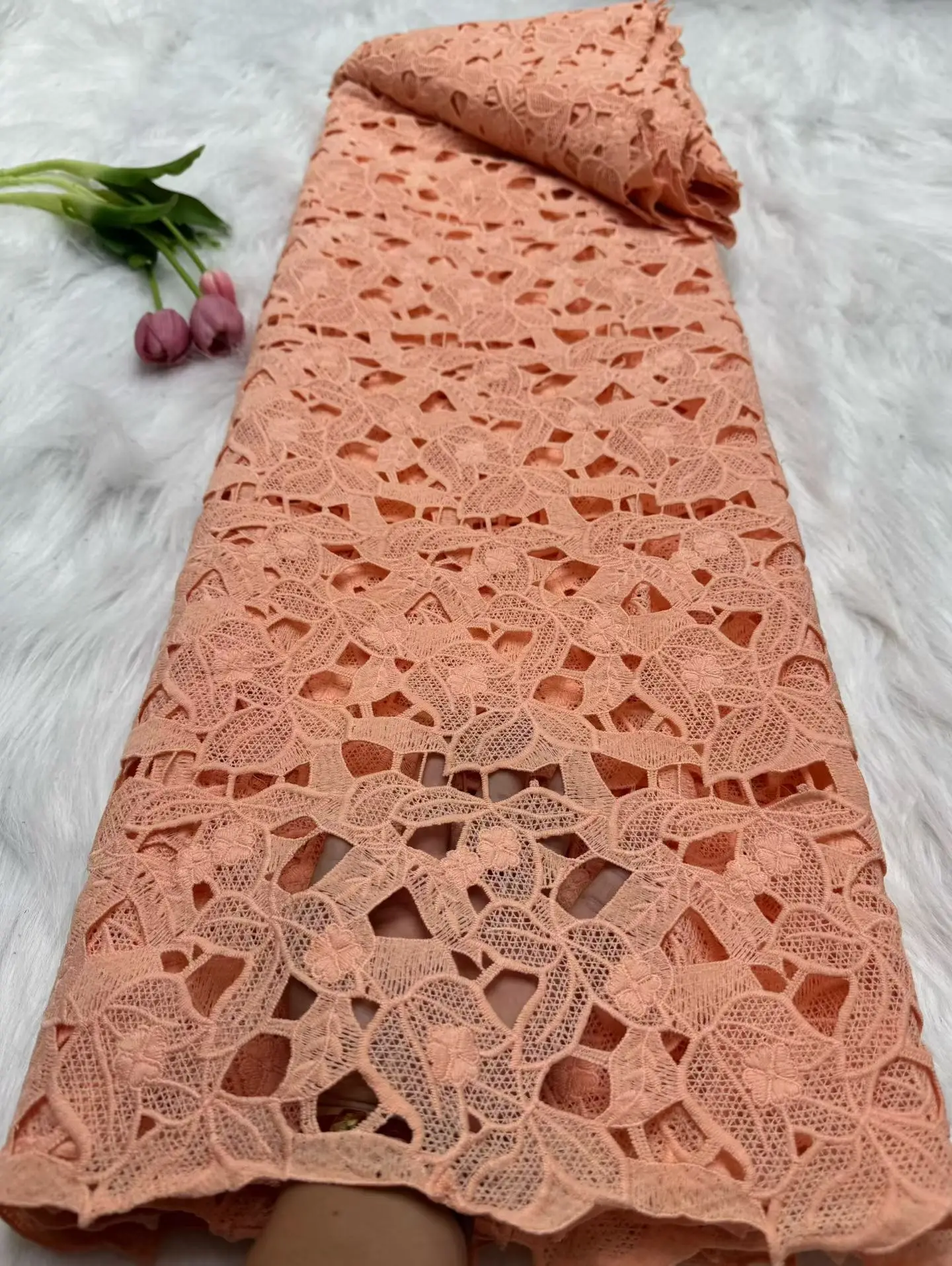 

Nigerian Lace Fabric 2025 High Quality Lace Peach African Lace Fabric Milk Silk Guipure Cord Lace Fabric For Party Dresses H26-1
