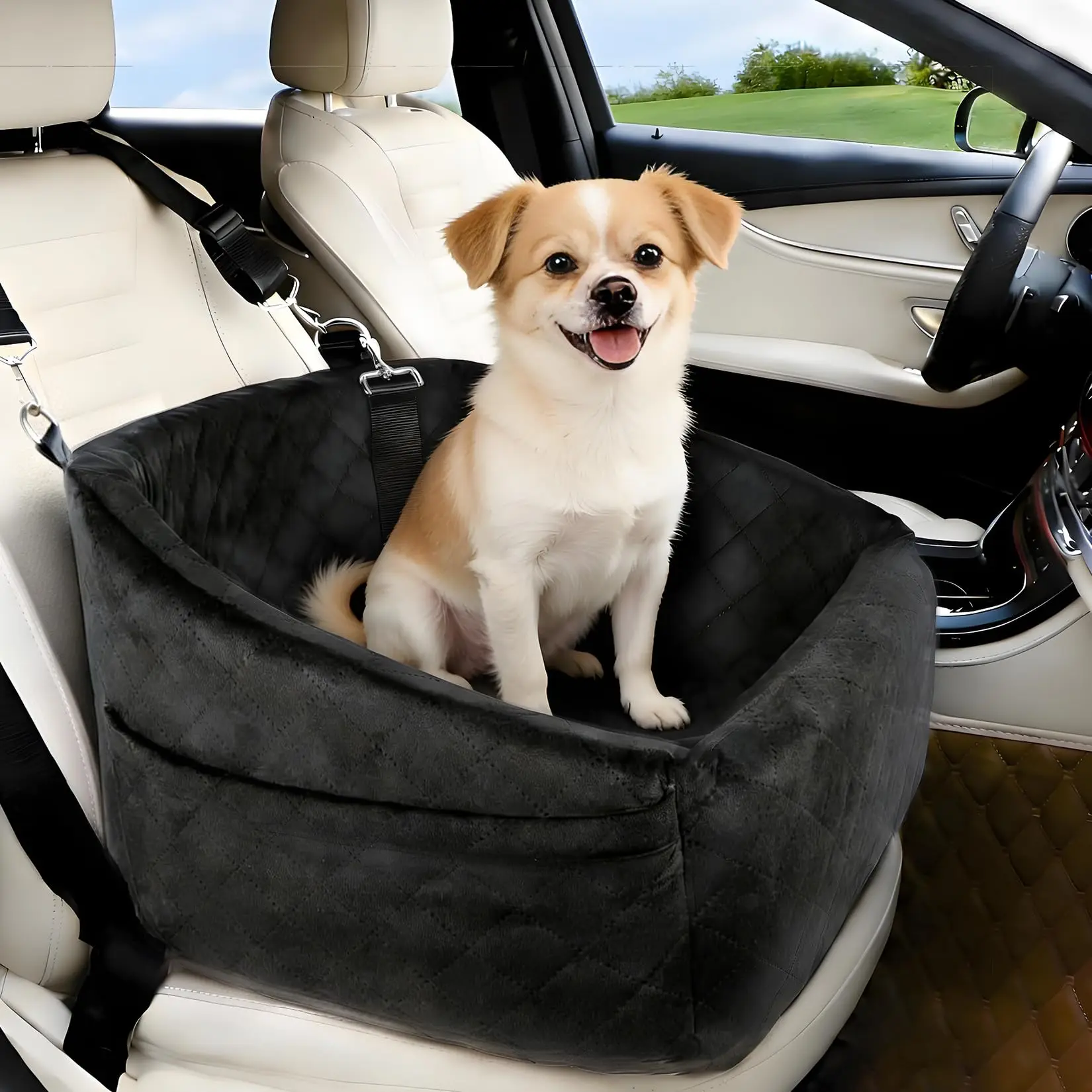 

Dog Booster Car Seat, Detachable Washable Pet Dog Bed with Safety Belt for Small Medium Puppies Cats Under 30-35 LB