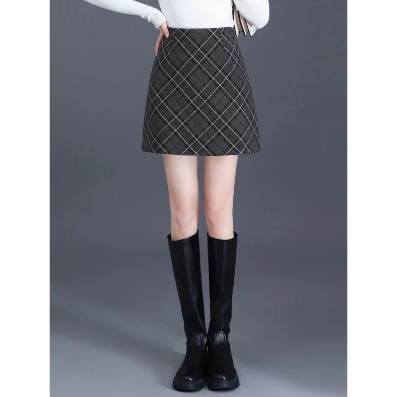 Womens 2024 Autumn/Winter Gray/Coffee Grid A-Line Skirt Fashion High Waist Ladies S L XL XXL 3XL Female Above Knee Skirt