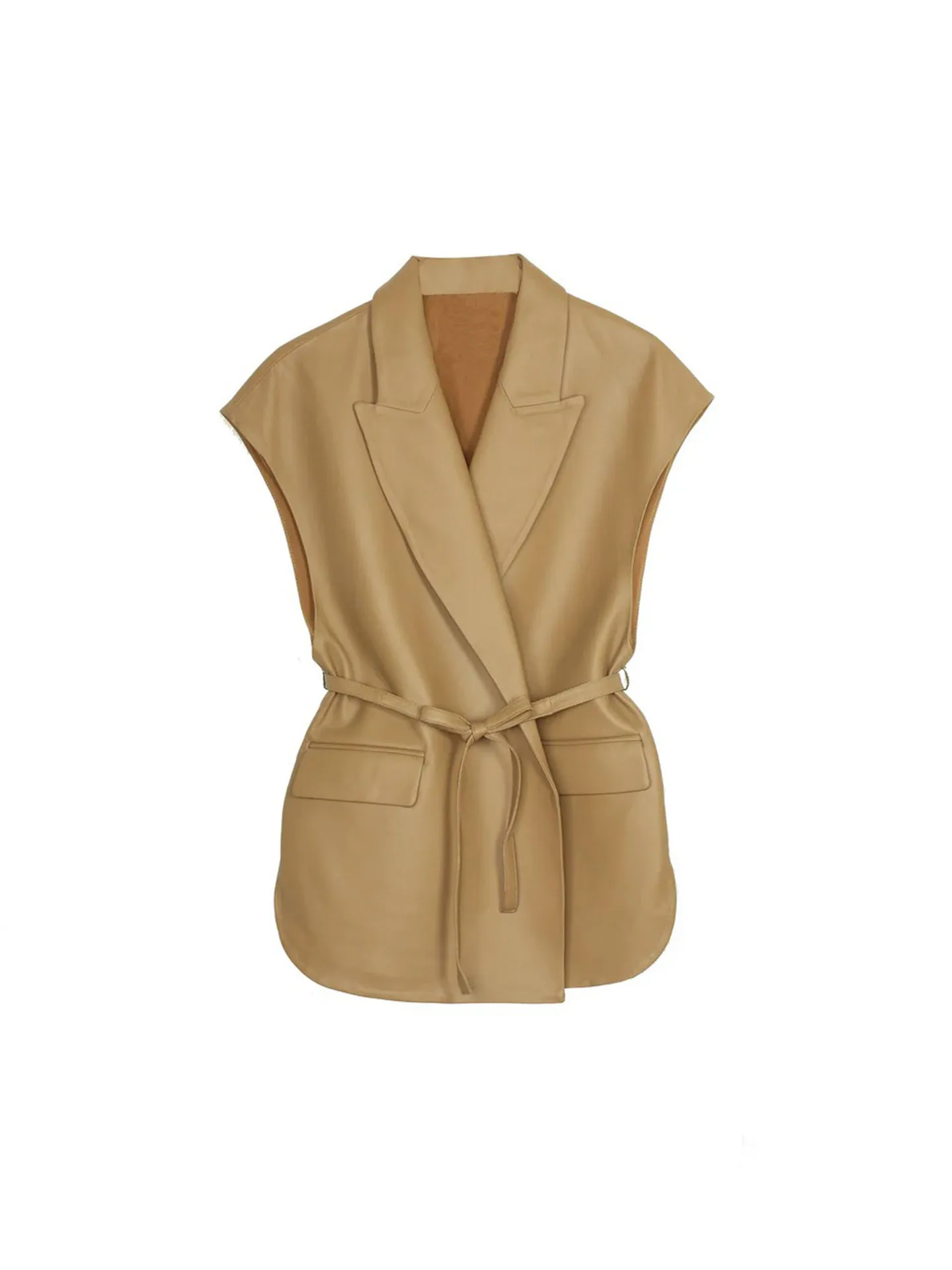 Colletto di abito alla moda e di fascia alta, giacca di pelle senza maniche, allacciatura in vita, doppie tasche, gilet di velluto, gilet, gilet, giacca