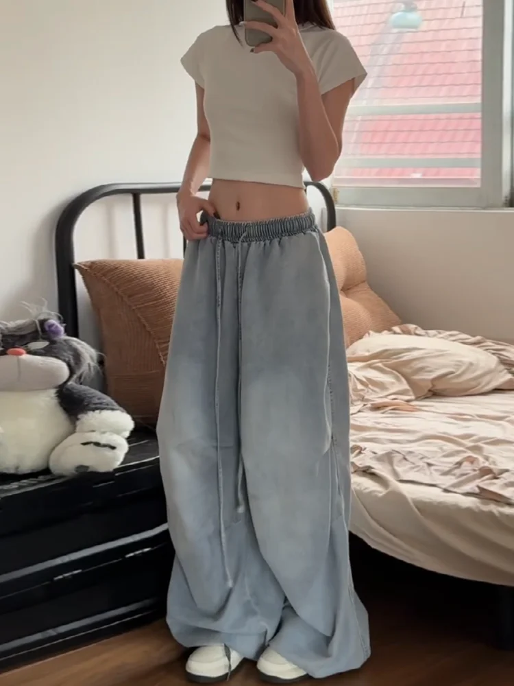 

American Retro Washed Blue Drawstring Wide Leg Jeans Women Summer Loose Bf Lazy Style Straight Casual Floor-Length Pants