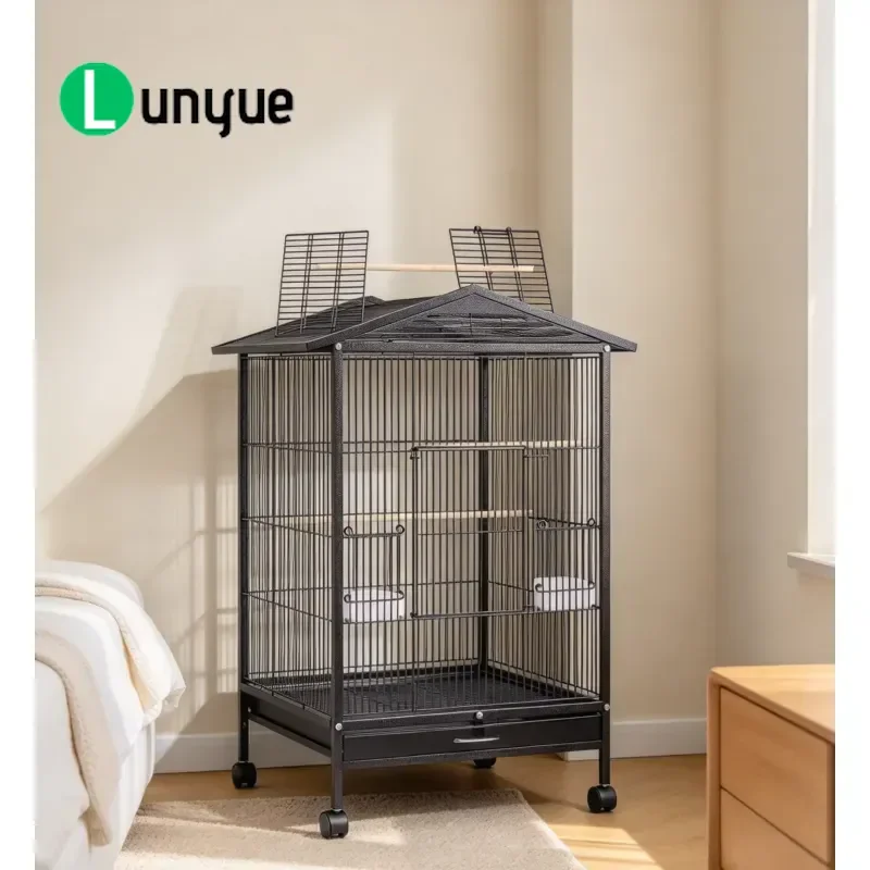 Mobile Tall Parrot Bird Cage Iron Frame Powder Coated Adjustable Durable 25lb Load Capacity With Rollers Easy Clean Drawers