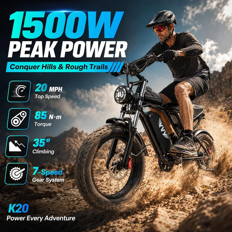 YVY Peak 1500W Electric Bike for Adults 33MPH 48V 20Ah Removable Battery 20" Fat Tire 7 Speed for Mountains Sand Ebike Motorcycle