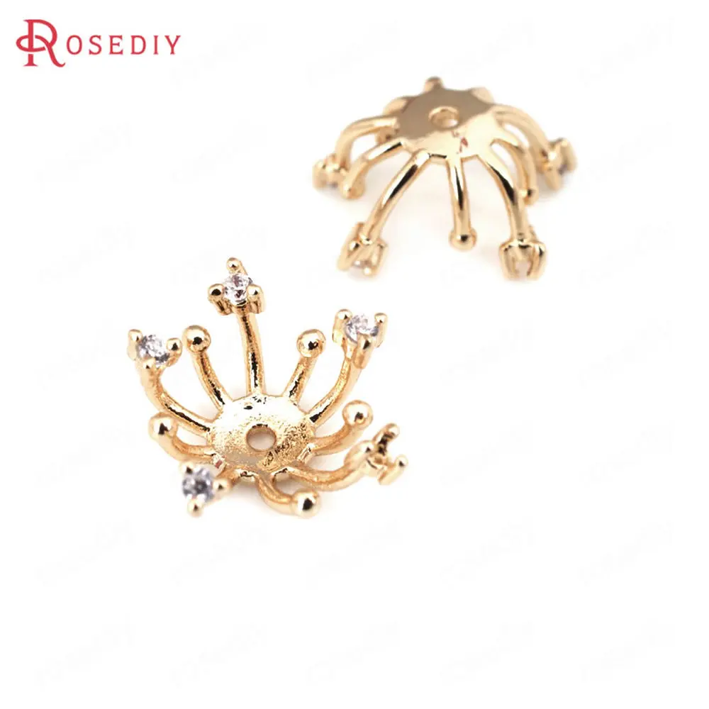 (D053)4 pieces 14x8mm High Quality Gold Color Plated Brass with Zircon Beads Caps Diy Jewelry Findings Accessories Wholesale