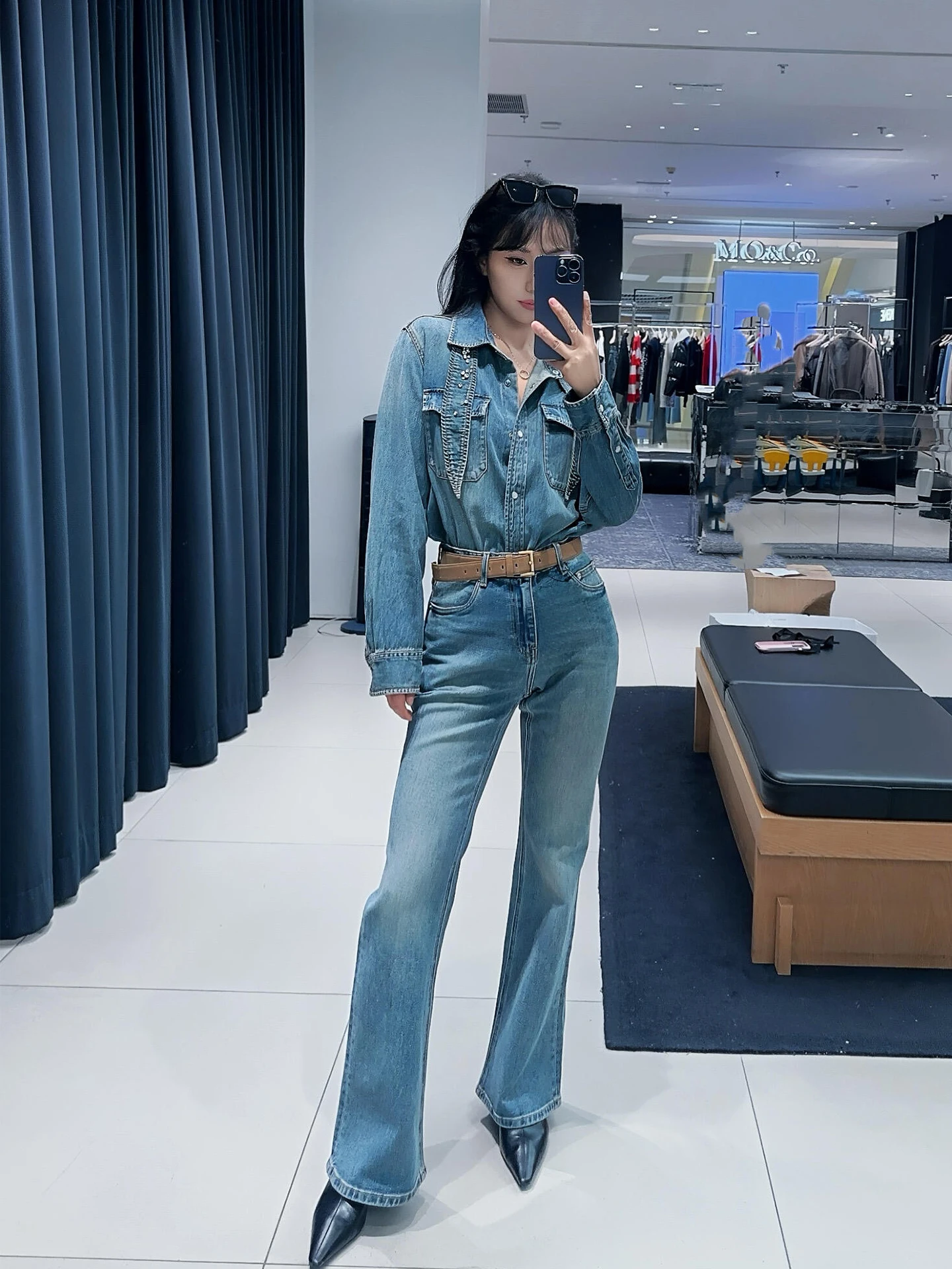 

Pure Cotton Light Blue Bell Bot Jeans Women's High Waist Straight Leg Stretch Denim Pants Floor Length Retro Sle