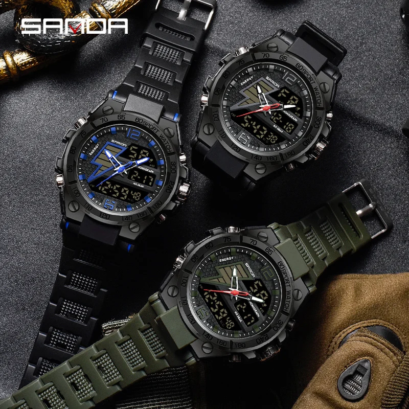 Sanda 6137 topo de luxo quartzo relógios masculinos esporte militar led luminoso 5atm à prova dwaterproof água relógio de pulso casual relogio masculino