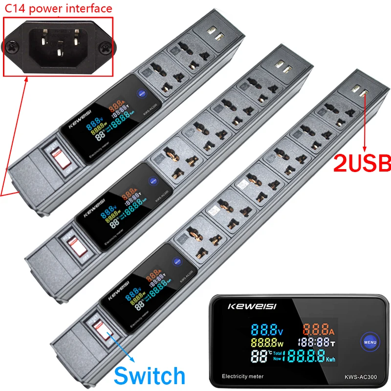USB Power Strip with Switch Display Power Energy Volt Watt Kwh Meter 2-9Ways Universal hole Socket Outlets C14 interface