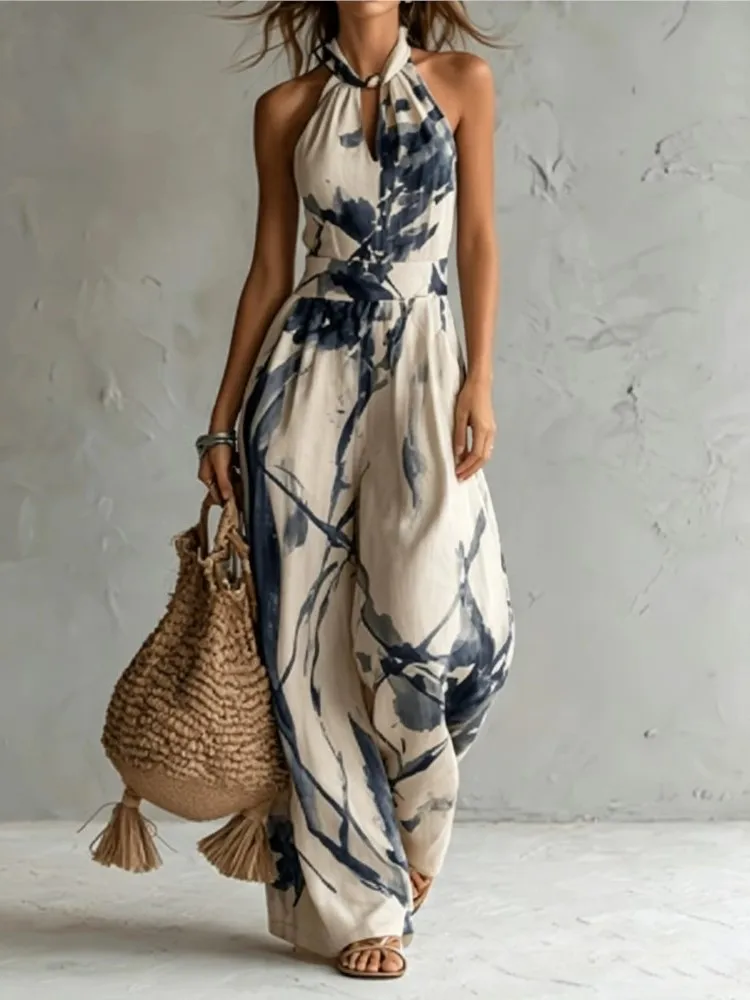 2026 New Women's Clothing Ink Printed Wide Leg Jumpsuit Casual Sleeveless Neck Halter Jumpsuit Simple Style All-match Fashion