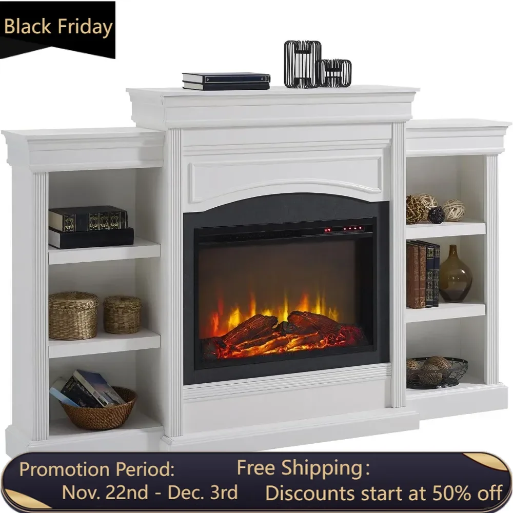 Fireplace with Bookcase, with Long-Lasting Ultra-Bright LED Technology with Realistic Logs and Flame, Features 2 Bookcases,White