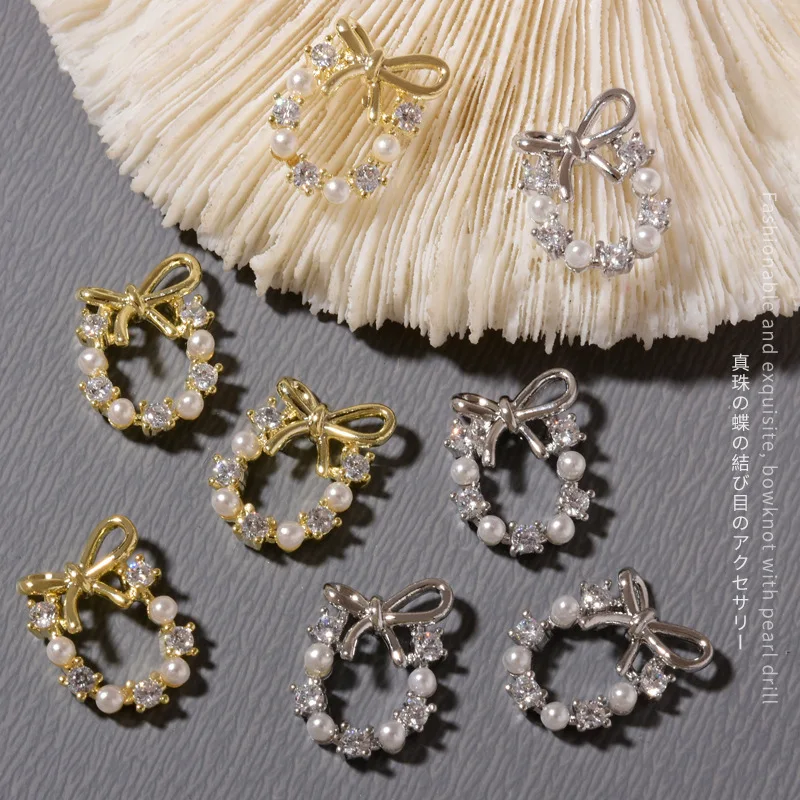5pcs Luxury Zircon Christmas Wreath 3D Jewelry Crystal Pearls For Nails Rhinestone Charm Nail Tip Nail Art Decoration image 2