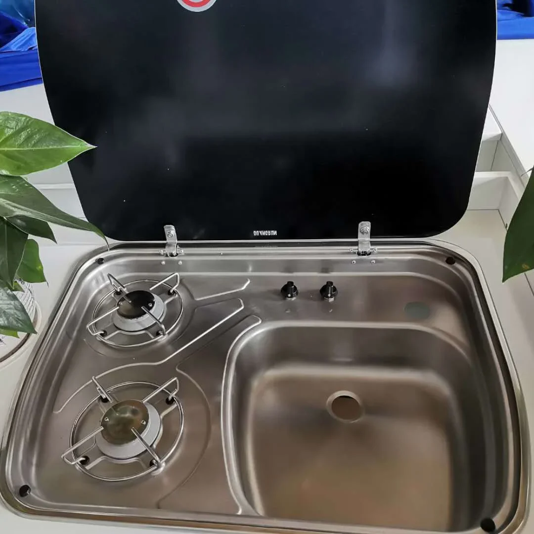 RV Caravan Kitchen Accessories 304 Stainless Steel Black Glass Cover Sink Integrated Gas Stove Combination Motorhome Accessories