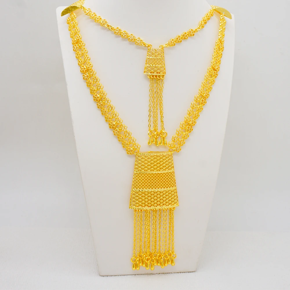 Dubai Indian Long Chain Tassels Necklace Earrings Jewelry Sets For Women Wedding Ethiopian Gold Color Moroccan Jewellery Gift