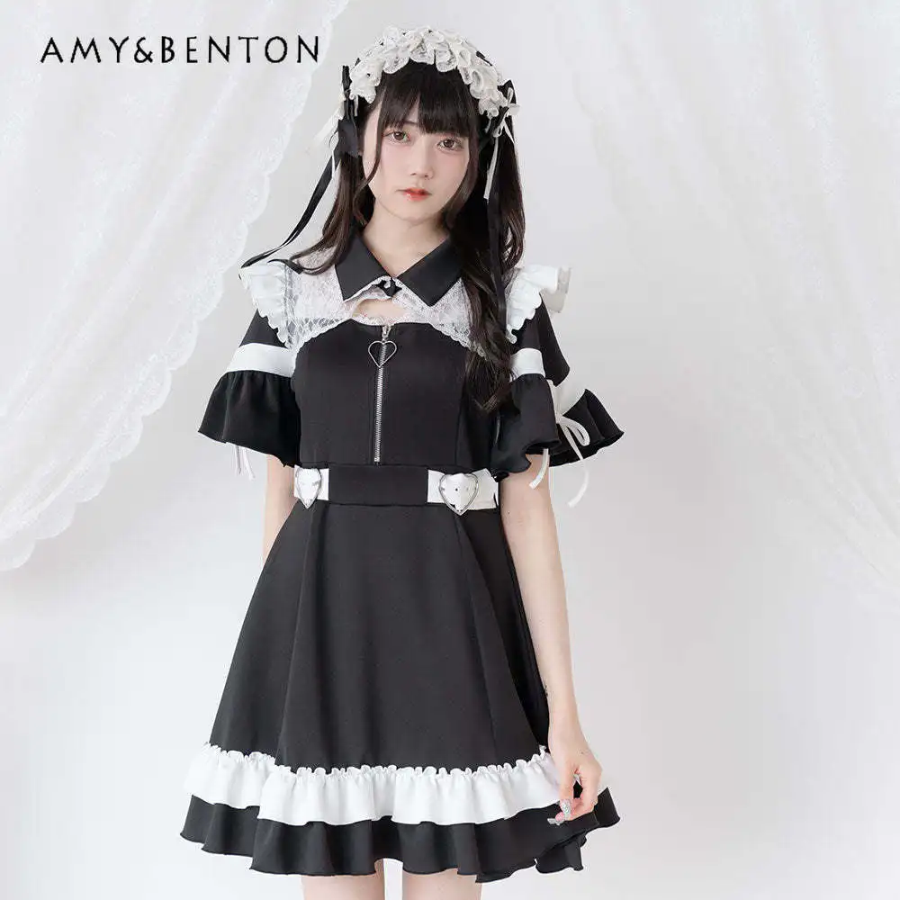 Japanese Sweet Ruffled Mini Dress Cute Mine Mass-Produced Patchwork Slim A-line Dress Heavy Industry Temperament Lolita Dresses