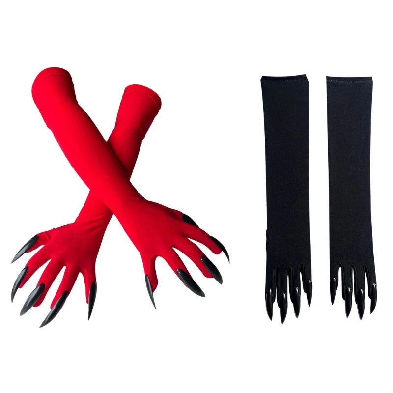 

A2ES Cool Halloween Gloves Make Up Long Mittens with Fashion Black Long Nails for Spooky Parties Costume Accessories