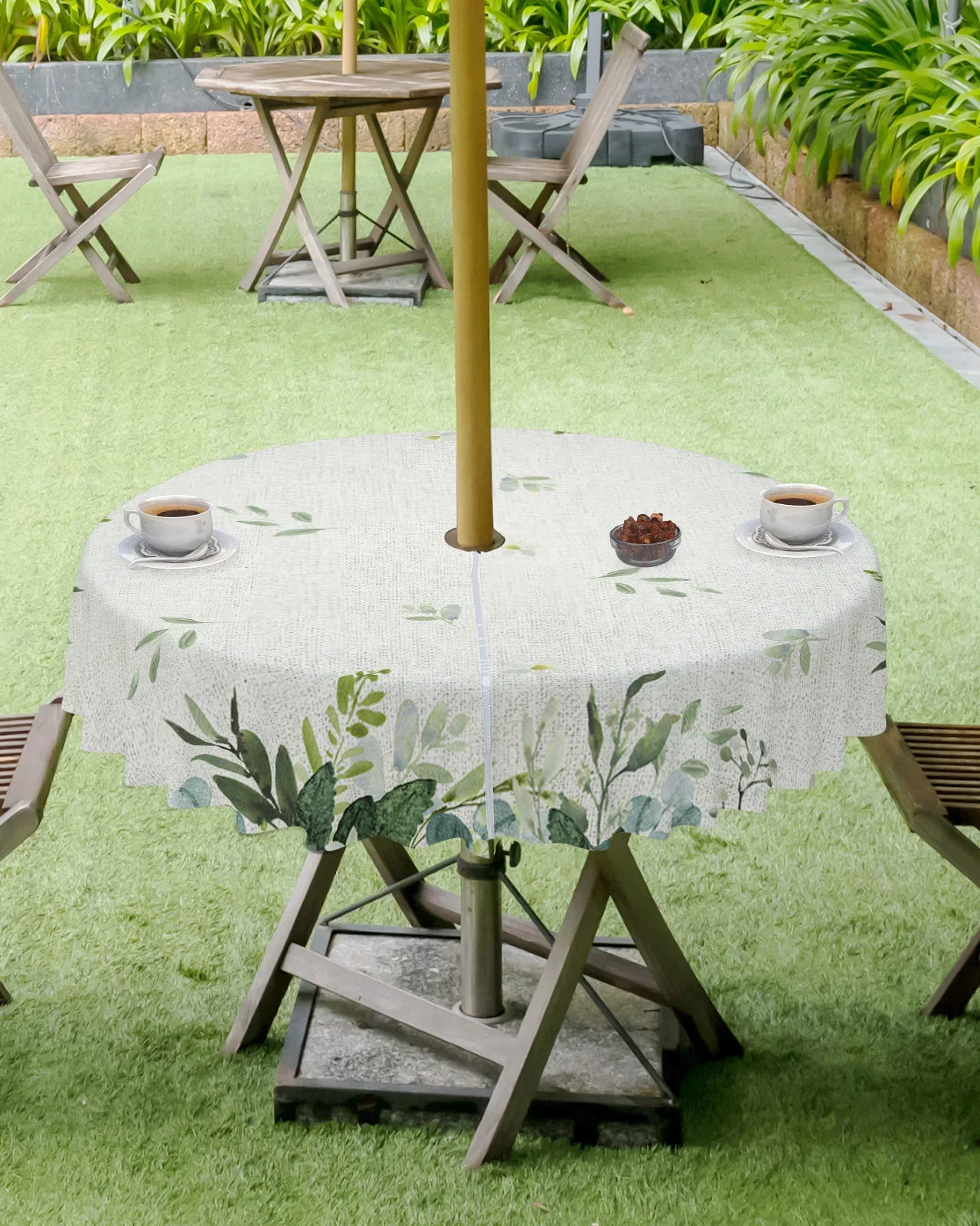 Watercolor Eucalyptus Green Leaves Plant Vintage Round Waterproof Tablecloth With Zipper Umbrella Hole Table Cover For Party BBQ