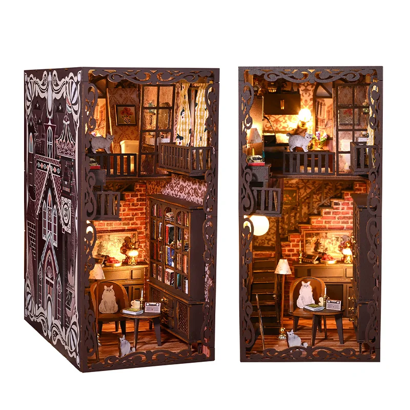 Book Nook Kit Wooden Dollhouses Bookshelf Insert Decor With LED Light Doll House Model Insert Bookend Building For Kid Gifts