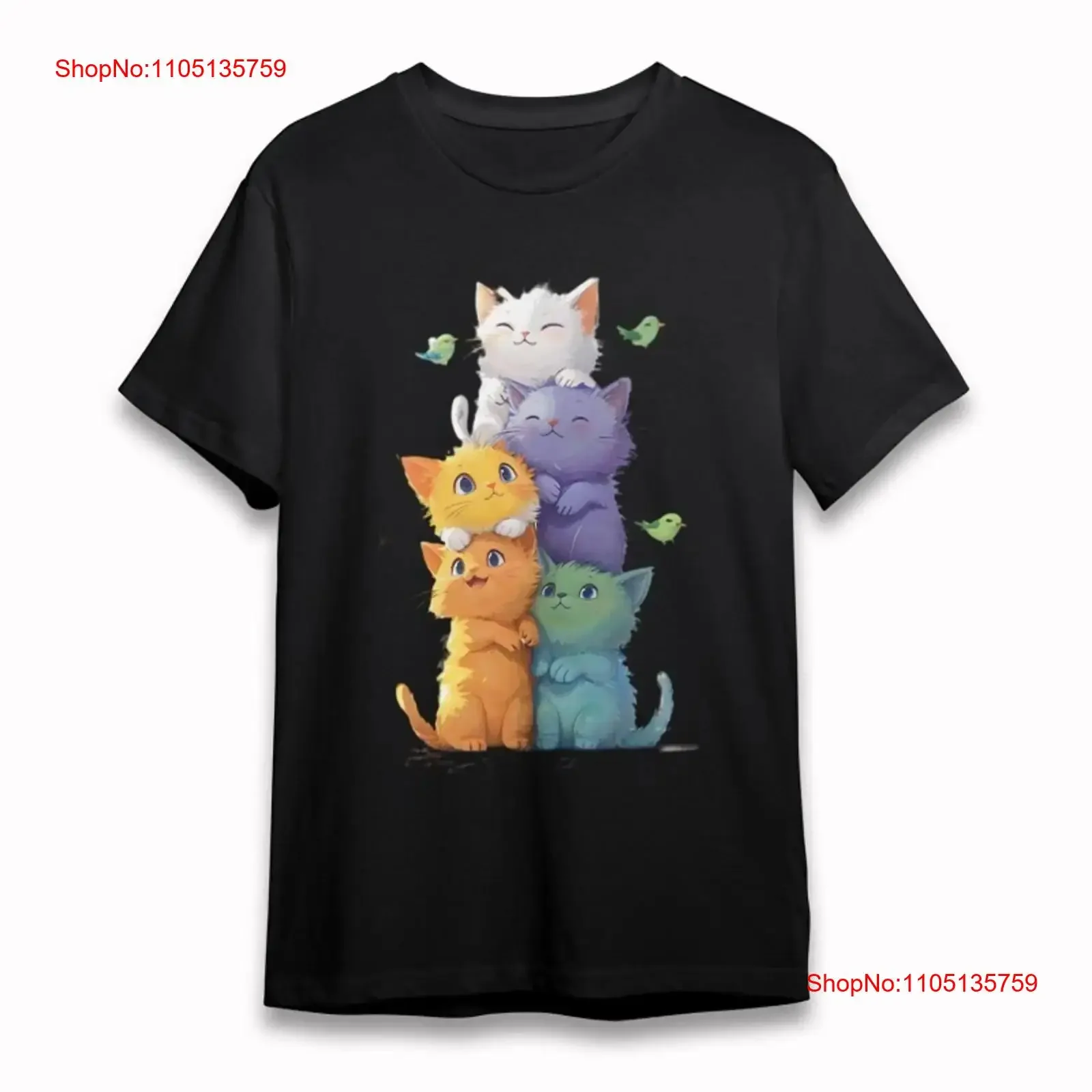 Women's Trend Classic T Shirt Five Cats With Green Birds Playful Stack Print vintage Washed homme Versatile Stretched Slightly