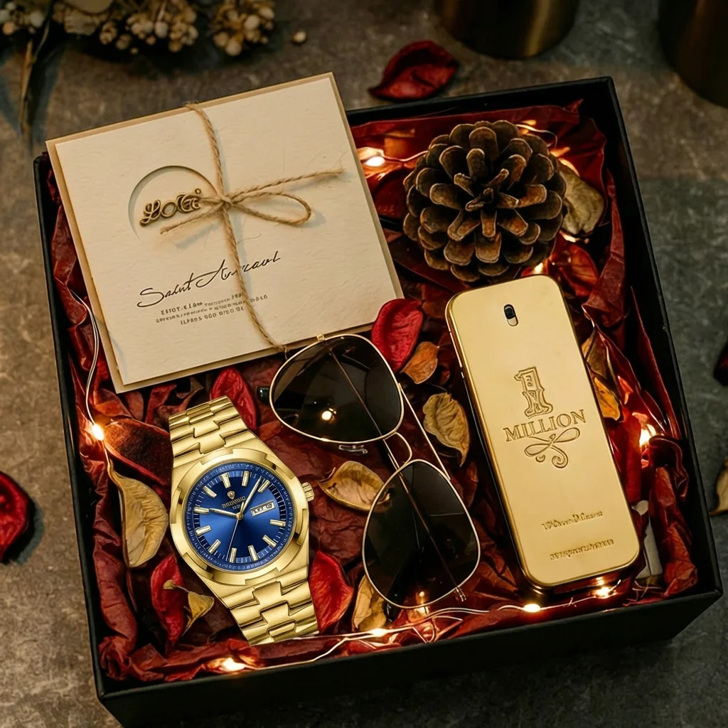 4pcs Men's Blue & Gold Metal Luxury Date Day Display Sunglasses Perfume Quartz Watch Gift Set Daily Wear Birthday Gift