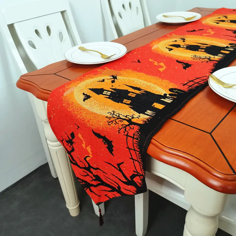

American Orange Halloween Tablecloth Witch Party Rectangular Table Strip Table Flag Woven Table Runner for Holiday Decoration