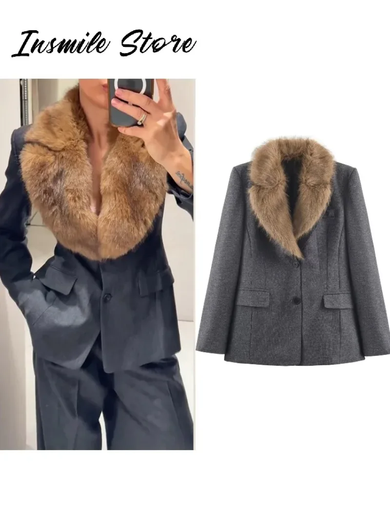 

Новый женский блейзер с воротником из искусственного меха, приталенный, с лацканами, длинными рукавами, приталенный крой, весна 2026, уличная мода