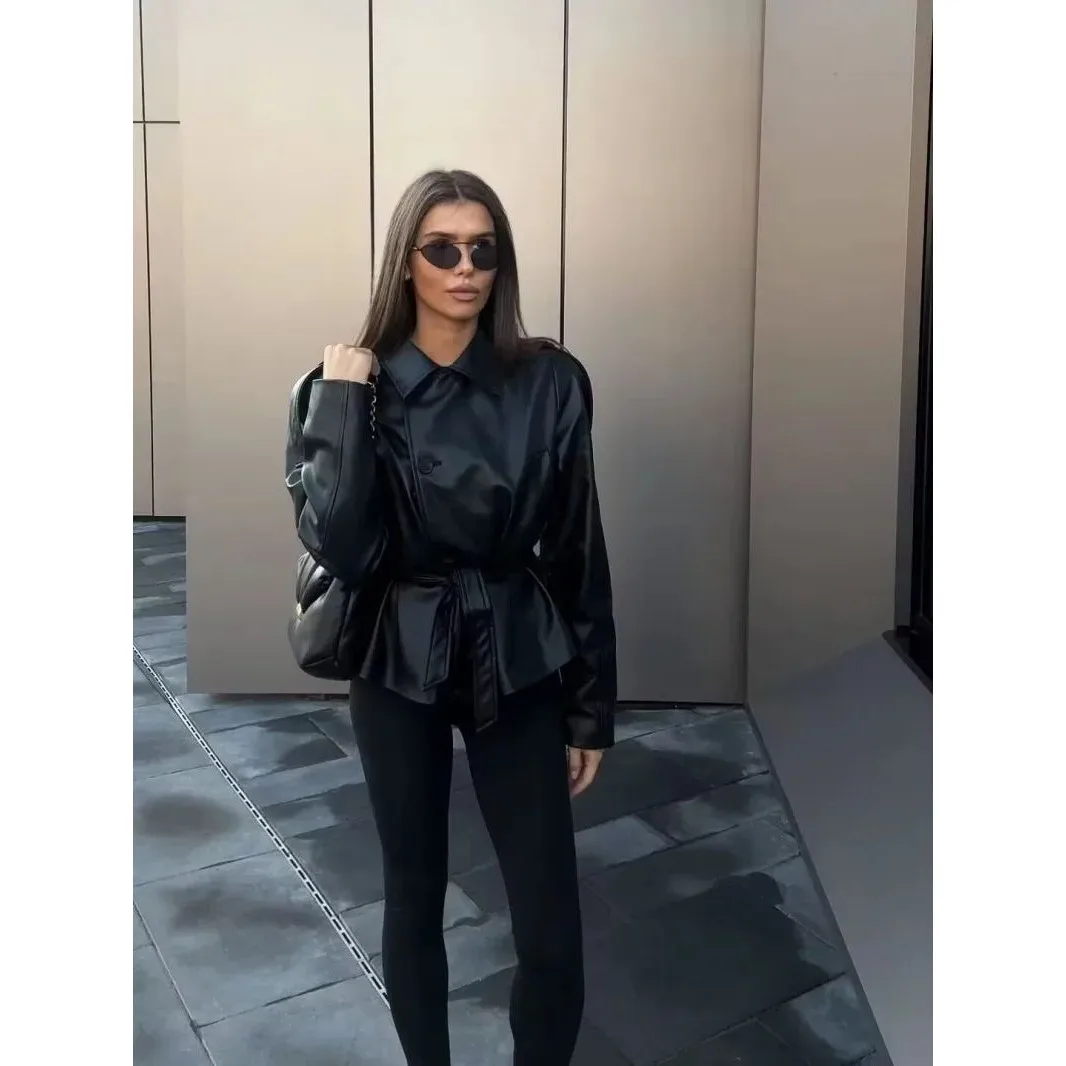 Nuovo Cappotto Invernale da Donna in Pelle con Cintura, Elegante e Sottile, Abbigliamento Esterno Femminile Autunno-Inverno