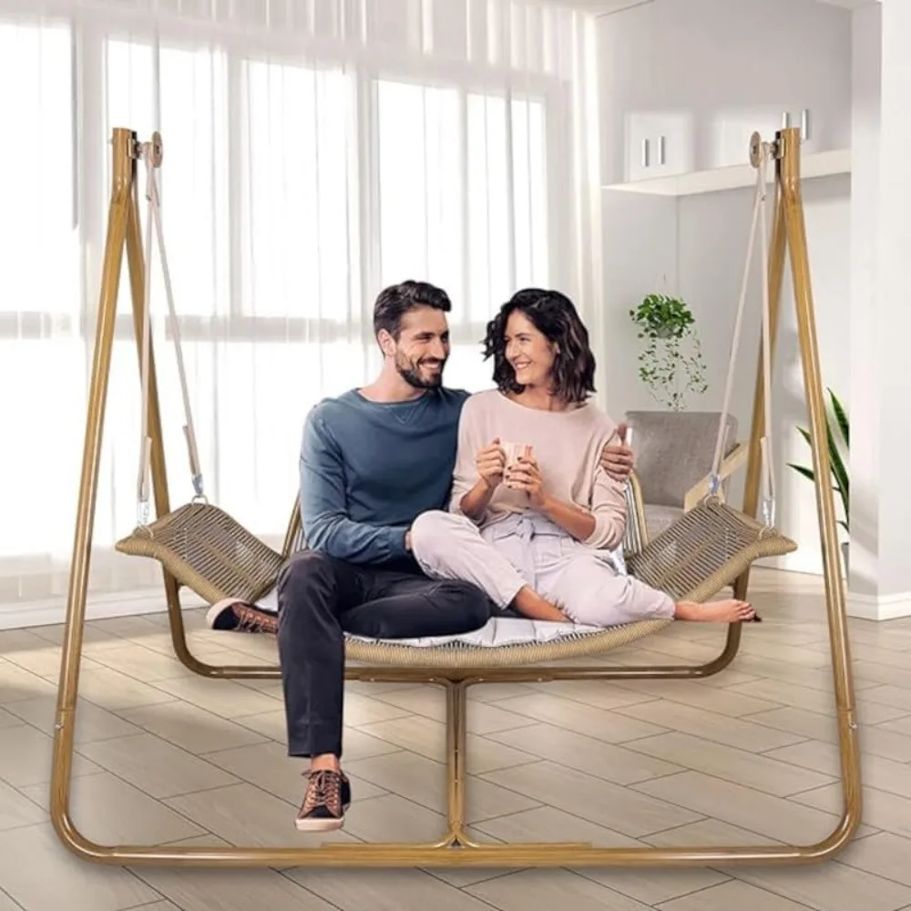 

Hammock Swing Chair with Stand for Indoor, Outdoor, Anti-Rust Wood-Colored Frame 570 lbs Capacity with Cushion Oversized Double