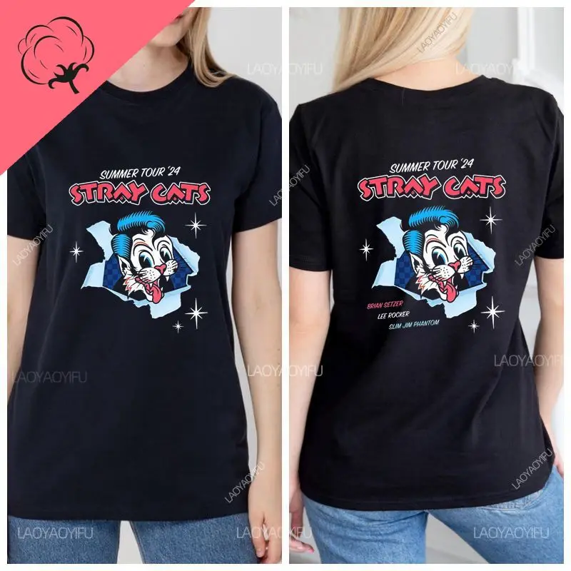 Stray Cats Classic Rock men's and women's T-shirts, American rockabilly band Hippie T-shirt Breathable loose 100% cotton shirt