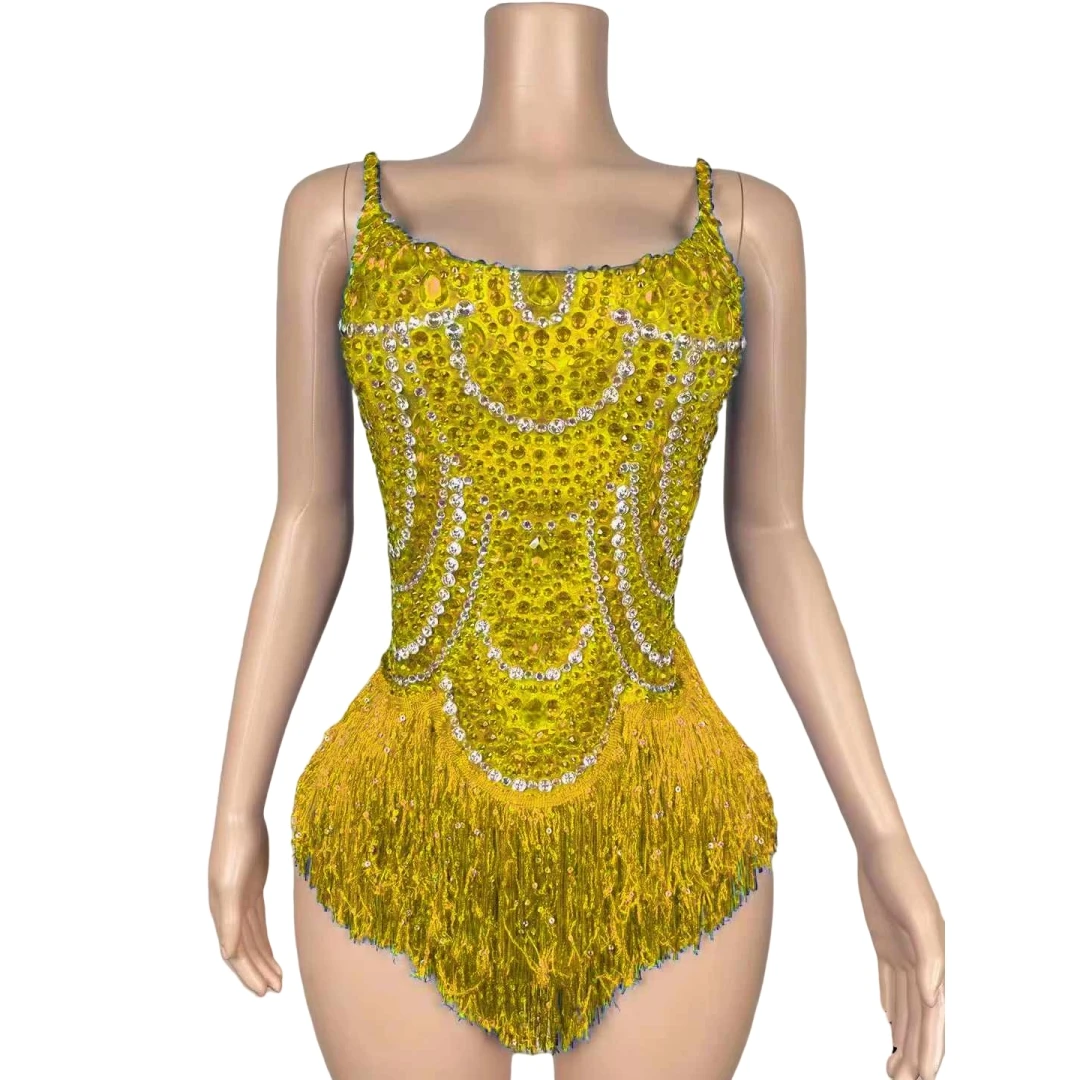 

Women Backless Fringe Bodysuits Latin Jazz Dance Leotard Gold Black Red Body Suits Cheerleading Las Vegas Showgirl Stage Wear