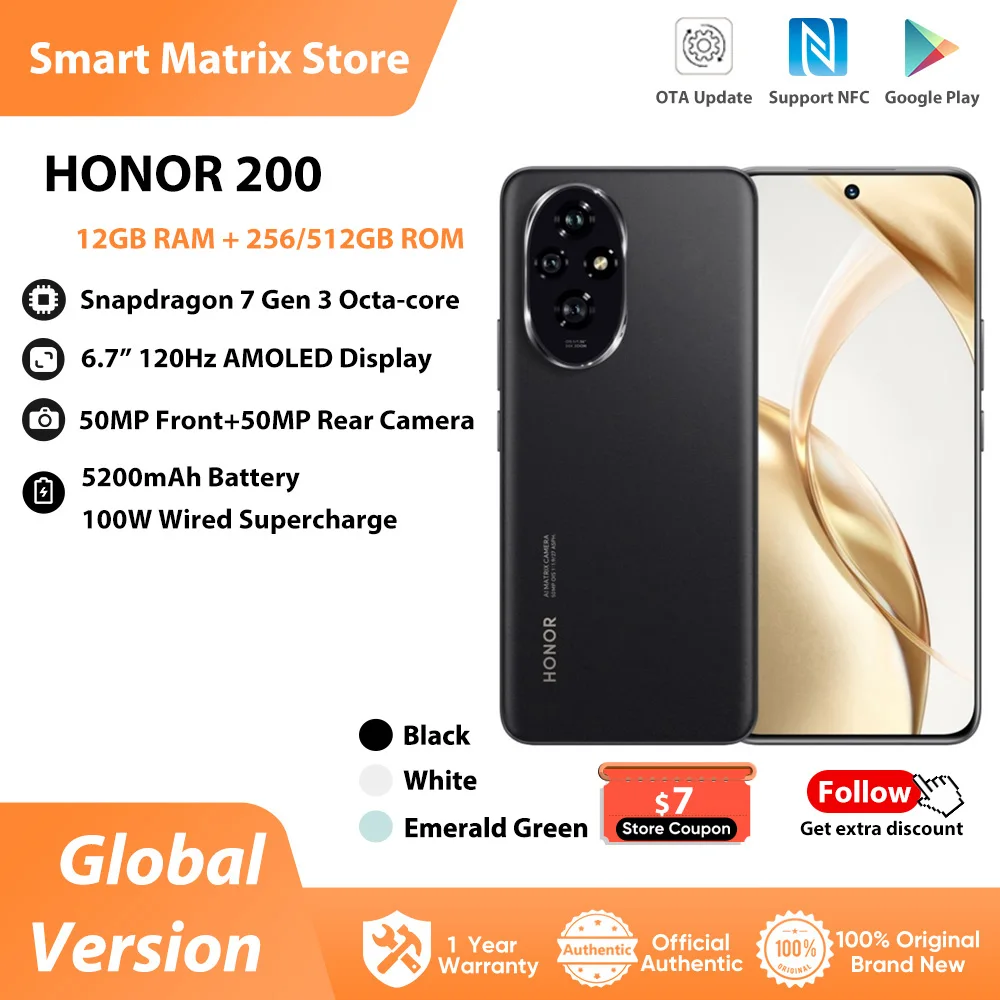 HONOR 200 Global Version 5G Smartphone 6.7'' AMOLED Display Snapdragon 7 Gen 3 Support HONOR 100W SuperCharge