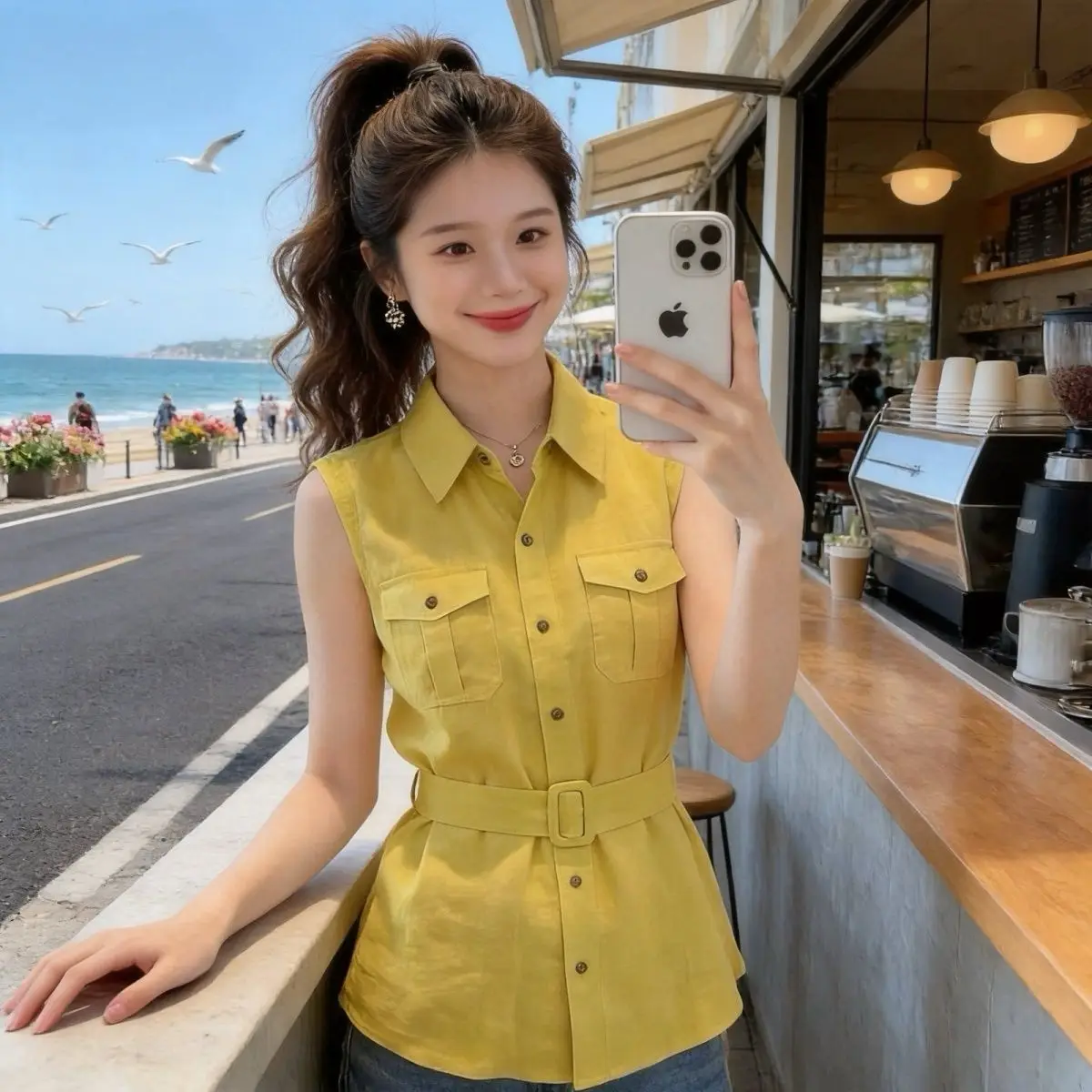 Summer Slim Fit Pure Color Sleeveless  Collar Shirt Waist Cinched Fashionable Thin Single Button Women's Top