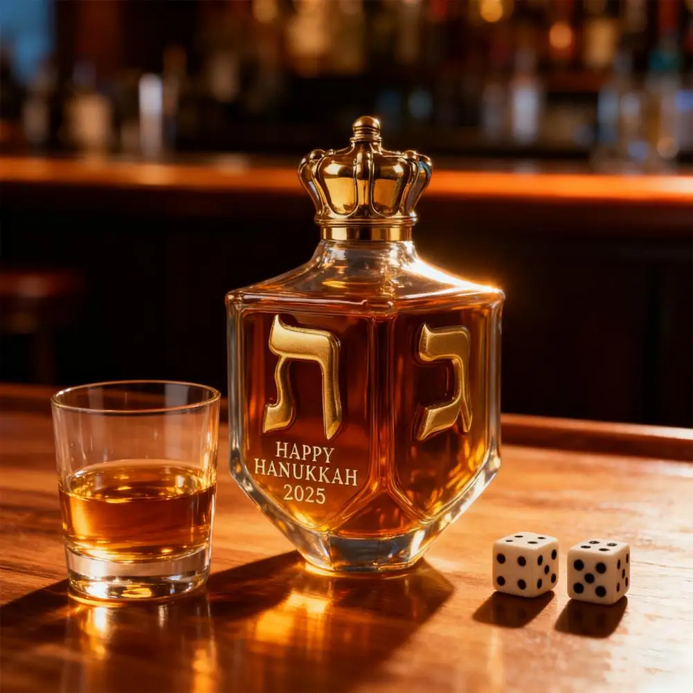 Faith-inspired Whiskey Bottle Hanukkah Whiskey Decanter 300ml Gold Glass Bottle Dreidel Engraved Whiskey Bottle Jewish Festival