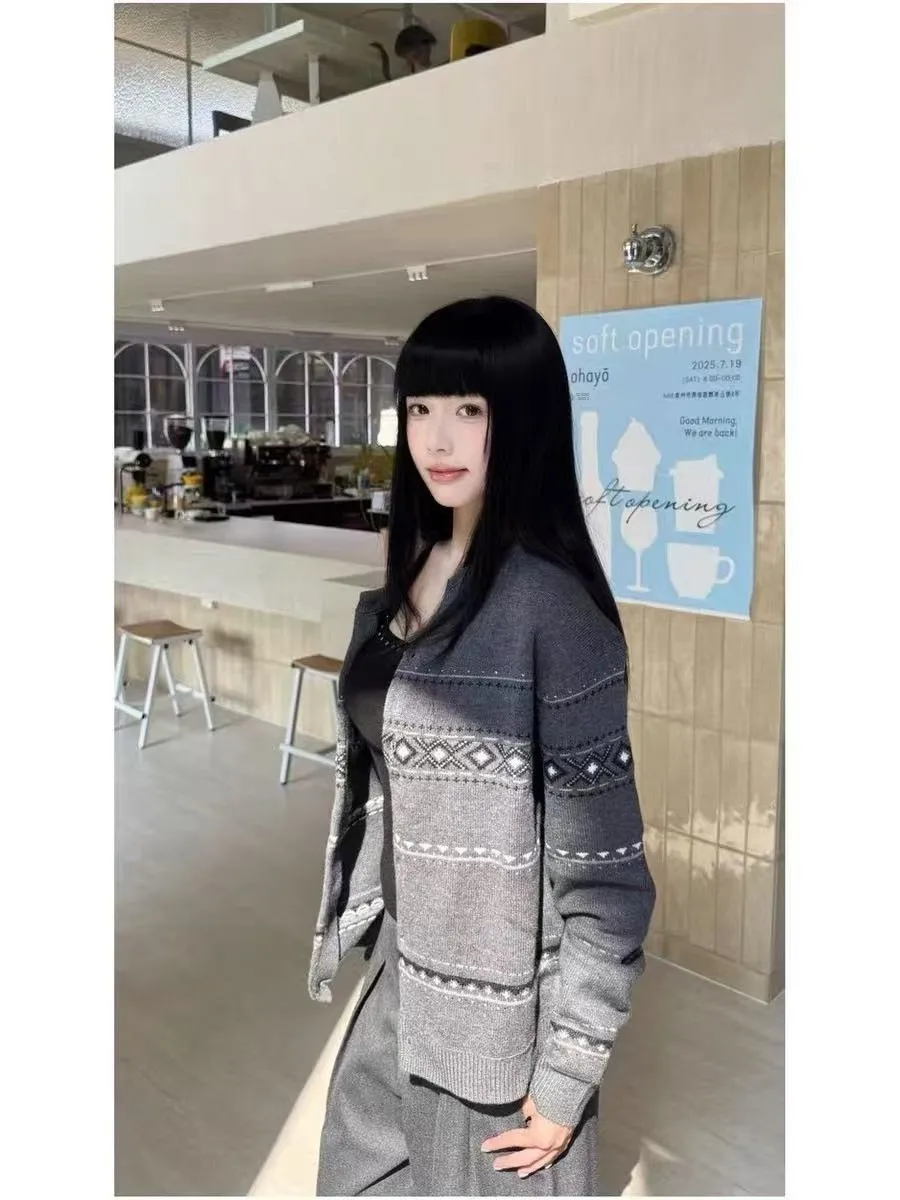 

Американский ретро-кардиган с ромбовидным узором, вязаный, унисекс, осенне-зимний, с круглым вырезом, свободный, повседневный, универсальный свитер-жакет