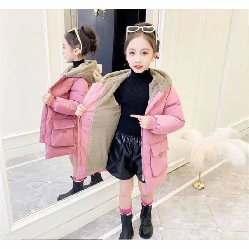 Winter Padded Thickened Coat Girls Warm Hooded Jacket Autumn New Children's Fashion Leisure Solid Colour Long Outerwear 4-14Y