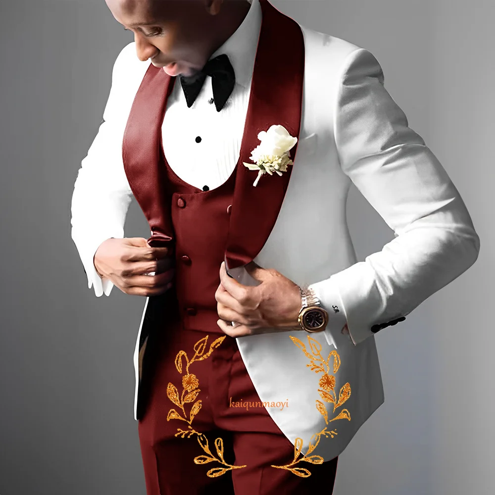 Formal Elegant Men\'s 3-piece Suit Set White Jacket Wedding Groom Tuxedo Blazer Customized Outfit XS-5XL