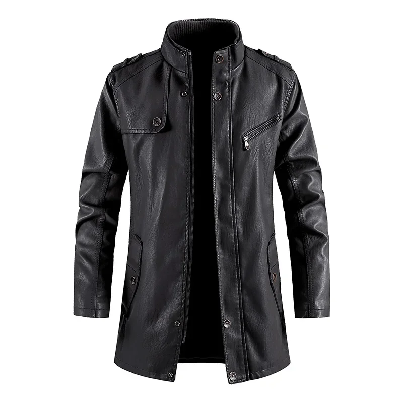 Men's Long Style Stand Collar Jacket Winter Motorcycle Slim Fit PU Leather Coat Casual Fashion Business Men's Windbreaker Jacket