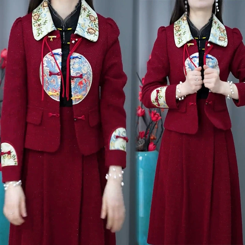 

Luxury Chinese Style Suits Women 2025 New Vintage Elegant 2-Piece Set Wine Red Blazer + Midi Skirt Autumn Ethnic Chic Outfit Y2K