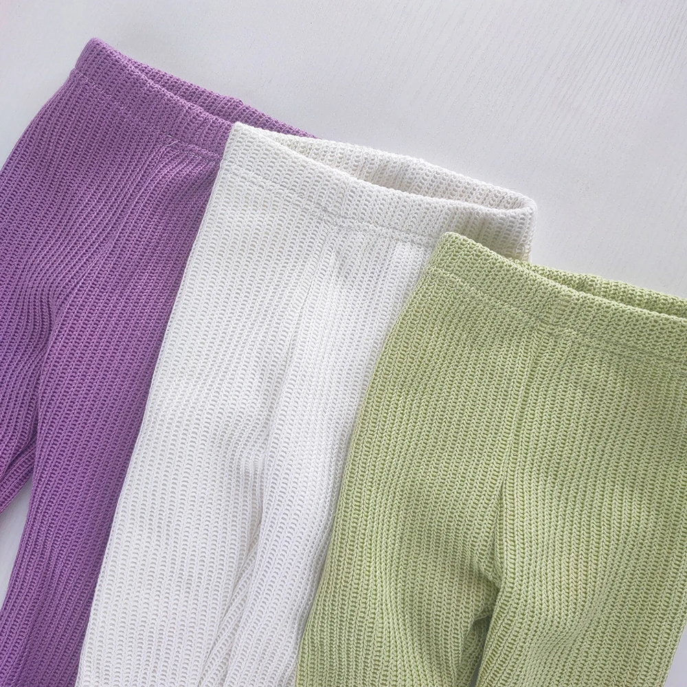 Baby Girls Ribbed Knit Pants Solid Color Cotton Warm Thicken Fleece Children's Trousers for Autumn Winter