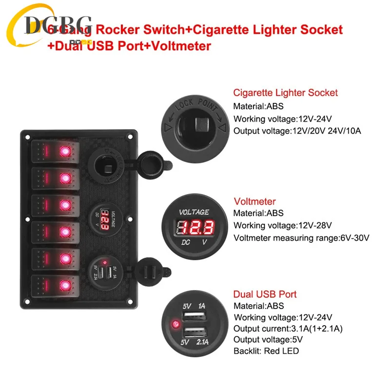24V 12V 6 Buttons Switch Panel With Digital Voltmeter Tester USB Chargers 3.0 Light Toggle Car Power Adapter Marine Boat Caravan