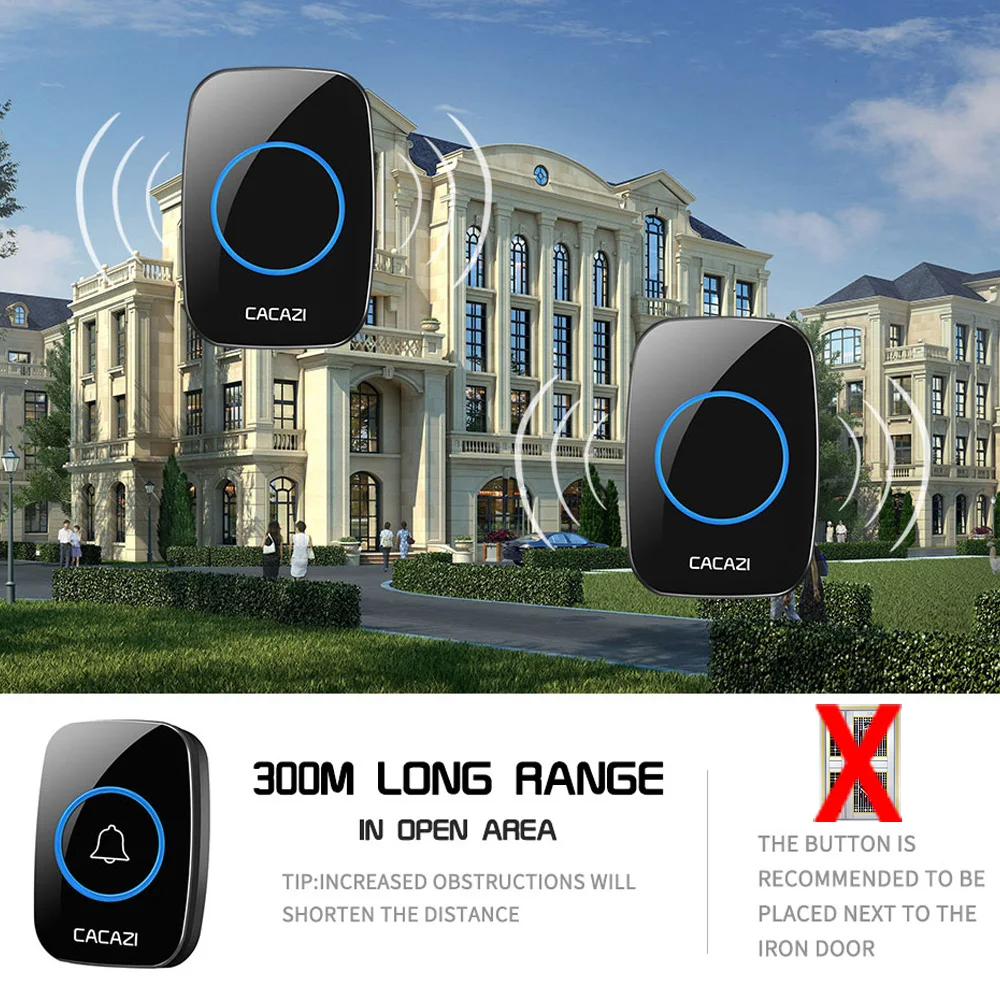 CACAZI New Wireless Doorbell Waterproof 300m Range US EU UK Plug-in Home Intelligent Door Bell Chime 1 2 Button 1 2 3 Receivers